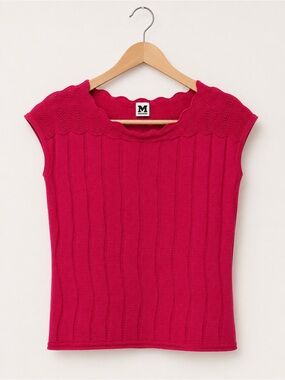 M by Missoni Fuchsia Cap Sleeve Scallop-Neck Ribbed Knit Top